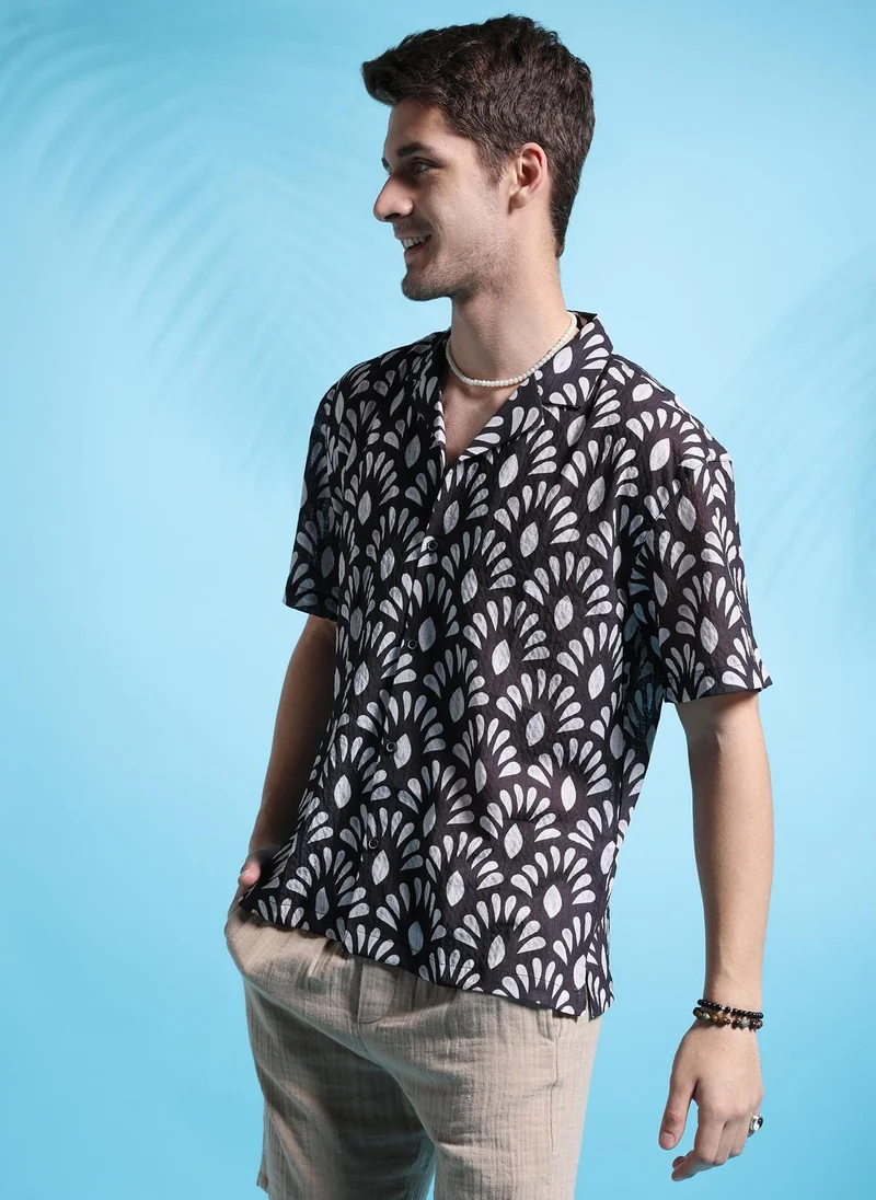 The Indian Garage Co Men Relaxed Fit Textured Printed Half Sleeves Cuban Collar Resort Wear Shirt