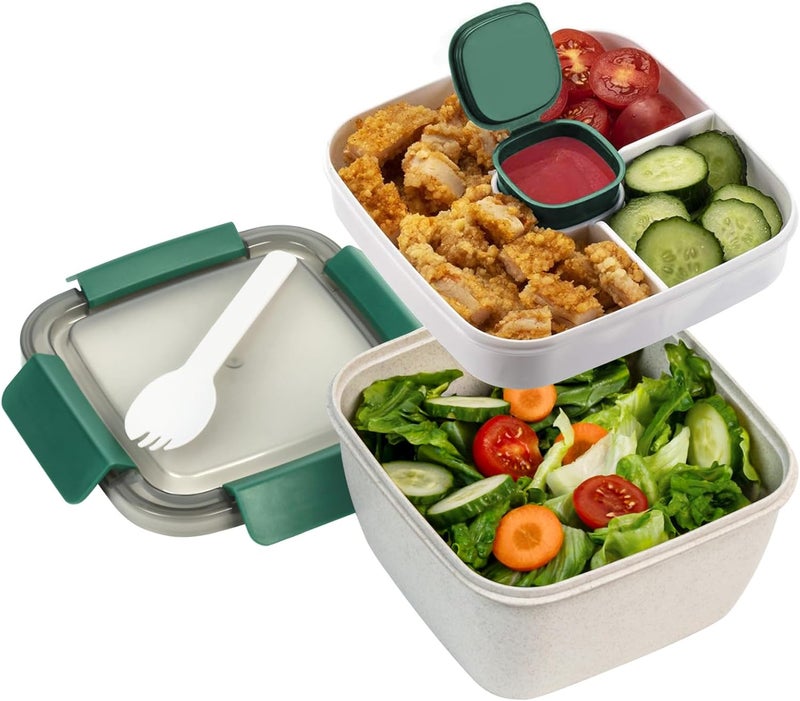Freshmage Salad Lunch Container To Go, 52-oz Salad Bowls with 3 Compartments, Salad Dressings Container for Salad Toppings, Snacks, Men, Women (Straw White) - Image 1