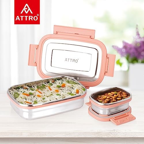 Attro Click Eat Junior Stainless Steel Lunch Box with 1 Small Box Airtight Spill Proof BPA Free Ideal for Office, School, Picnic - 650ml+140ml Peach - Image 3