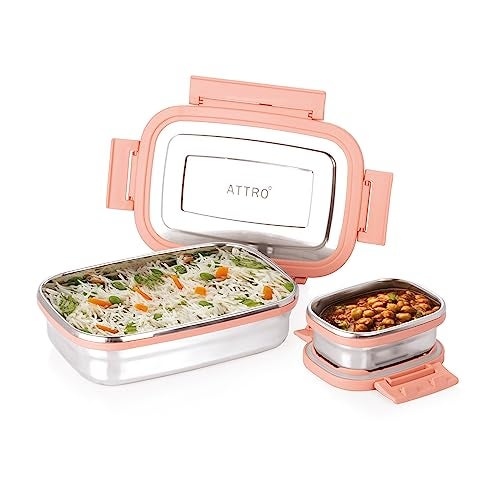 Attro Click Eat Junior Stainless Steel Lunch Box with 1 Small Box Airtight Spill Proof BPA Free Ideal for Office, School, Picnic - 650ml+140ml Peach - Image 1