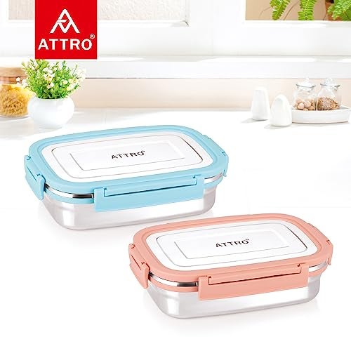 Attro Click Eat Junior Stainless Steel Lunch Box with 1 Small Box Airtight Spill Proof BPA Free Ideal for Office, School, Picnic - 650ml+140ml Peach - Image 4
