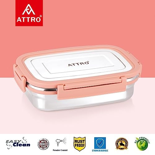 Attro Click Eat Junior Stainless Steel Lunch Box with 1 Small Box Airtight Spill Proof BPA Free Ideal for Office, School, Picnic - 650ml+140ml Peach - Image 2