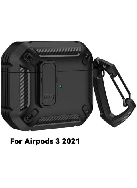 Airpods 3 2021 Case Cover, AirPods 3rd Generation Case with Lock, Hard Shell Rugged Shockproof Cover with Keychain Compatible with Apple Airpods 3rd Generation 2021, Black