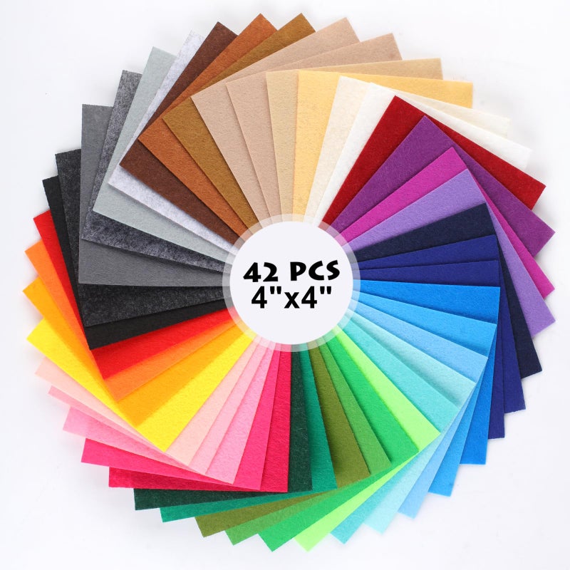 TBUKEOM Felt Sheets for Crafts, 4x4 Inch Assorted Colors Craft Supplies, 1mm Thick Nonwoven Felt Fabric Squares, Crafts DIY, Sewing, Patchwork, Card Making and Art Projects (Pack of 42) - Image 1