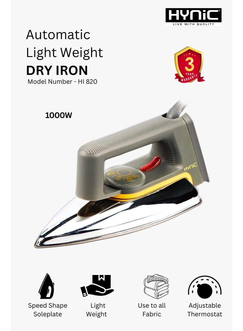 Hynic 1000W Automatic Lightweight Dry Iron (Model HI 820) – Non-Stick Speed Shape Soleplate, Adjustable Temperature Control, 360° Swivel Cord, and Overheating Thermal Fuse Protection for All Fabrics - Image 1