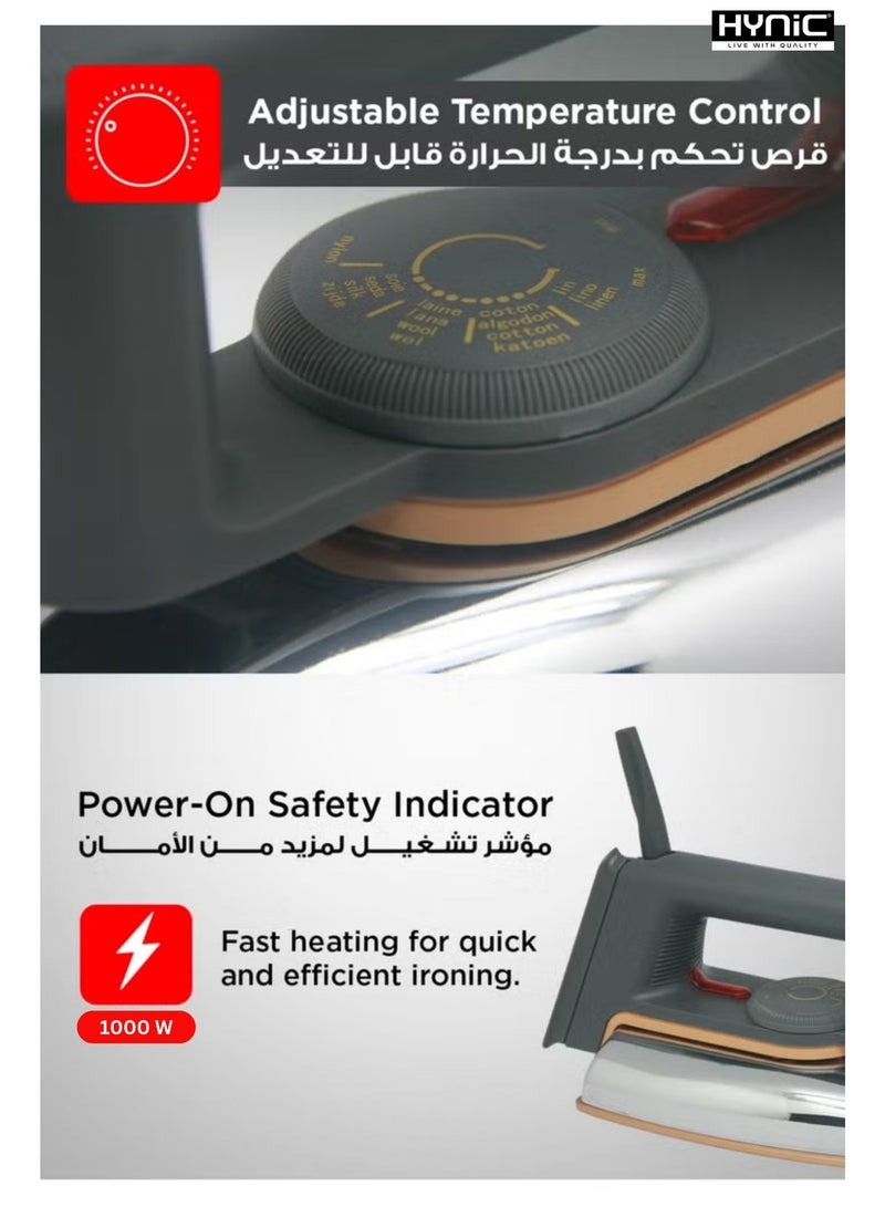 Hynic 1000W Automatic Lightweight Dry Iron (Model HI 820) – Non-Stick Speed Shape Soleplate, Adjustable Temperature Control, 360° Swivel Cord, and Overheating Thermal Fuse Protection for All Fabrics - Image 2