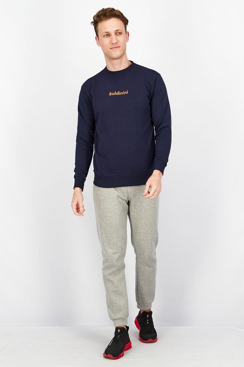 Baldinini Men Crew Neck Brand Logo Long Sleeves Sweatshirt, Navy Blue - Image 3