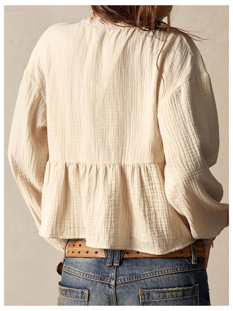 SHENHE Women's Deep V Neck Button Up Crochet Patchwork Long Sleeve Vintage Crop Blouse Top Apricot Small - Image 3