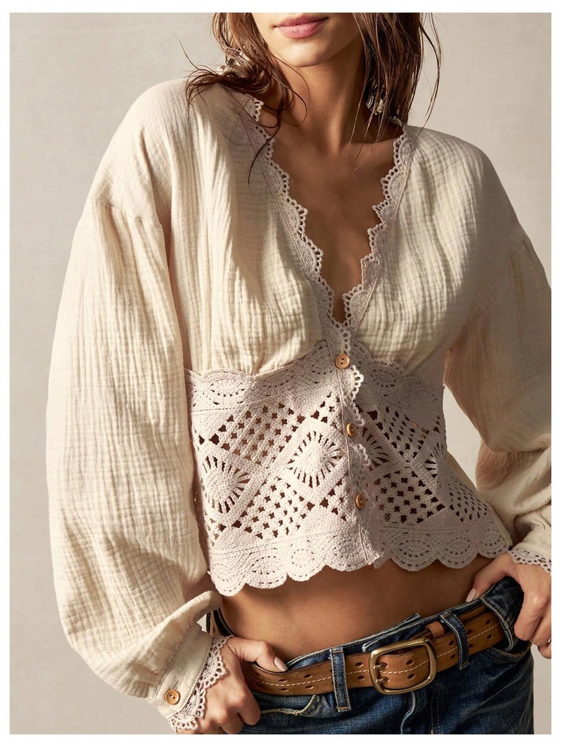 SHENHE Women's Deep V Neck Button Up Crochet Patchwork Long Sleeve Vintage Crop Blouse Top Apricot Small - Image 2