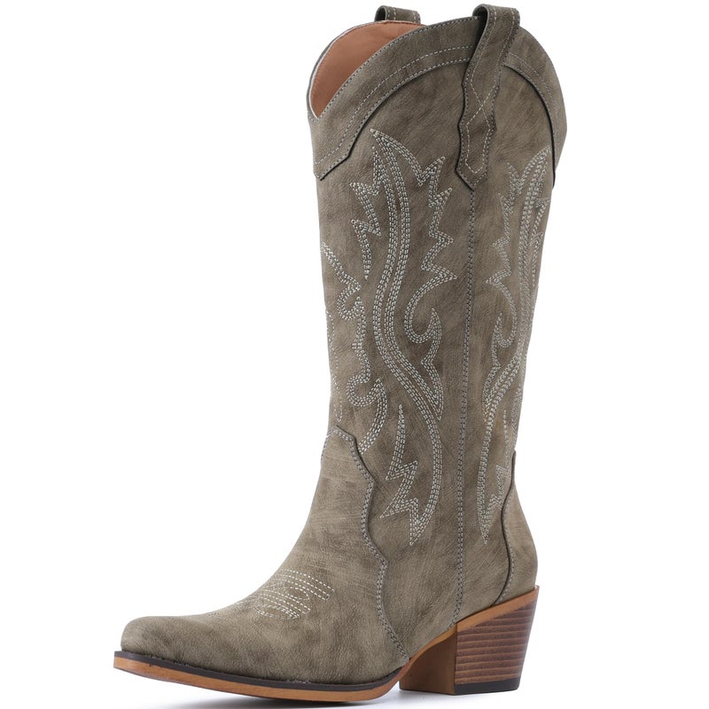 IUV Cowboy Boots For Women Western Cowgirl Boots with Chunky Heel Mid Calf Snip Toe Ideal for low insteps - Image 3