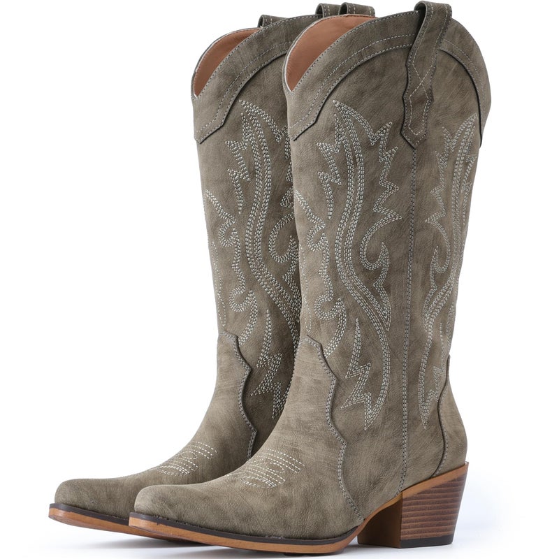IUV Cowboy Boots For Women Western Cowgirl Boots with Chunky Heel Mid Calf Snip Toe Ideal for low insteps - Image 1