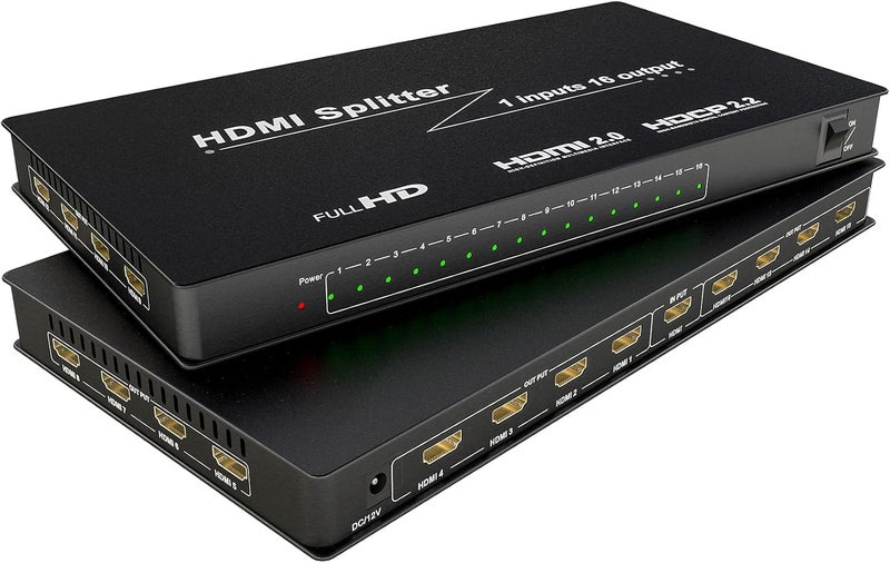 HDMI Splitter - HDMI Splitter 1 in 16 Out - Powered HDMI Splitter 16 Way Monitor Outputs,Support 4K@60Hz Ultra HD,3D Audio Video Sync,Plug&Play for HDTV PS4/5 Xbox PC Laptop - Image 1