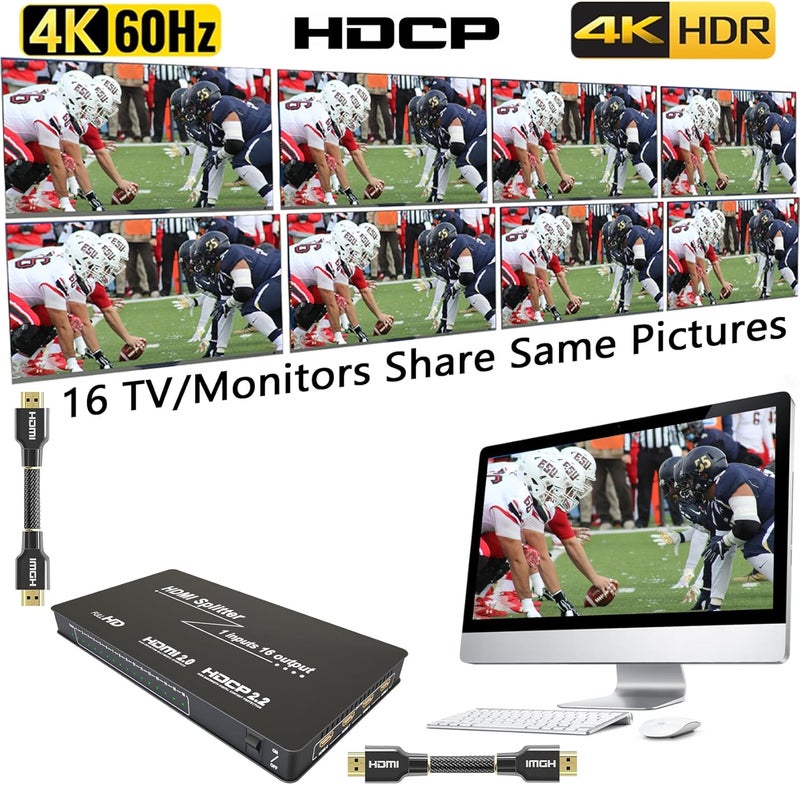 HDMI Splitter - HDMI Splitter 1 in 16 Out - Powered HDMI Splitter 16 Way Monitor Outputs,Support 4K@60Hz Ultra HD,3D Audio Video Sync,Plug&Play for HDTV PS4/5 Xbox PC Laptop - Image 2