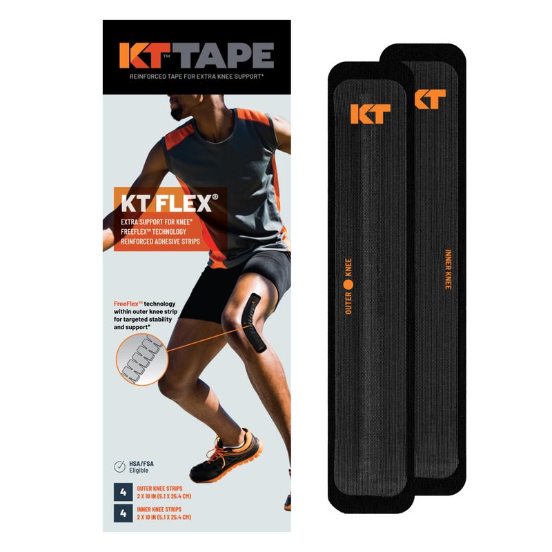 KT Tape KT Flex Reinforced Adhesive Strips 8 Pack 10 in Precut Strips in Black Effective Support for Weak or Injured Knees 2Strip Application Breathable and Comfortable for Up to 3 Days