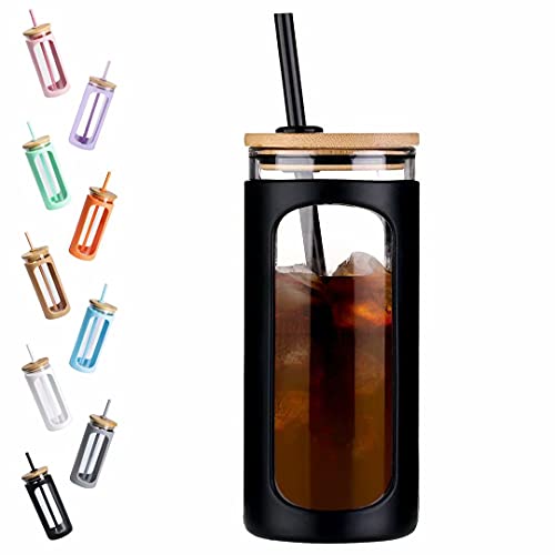 Kodrine 20oz Glass Water Tumbler with Straw and Lid Bamboo Lids Water Bottle Iced Coffee Cup Reusable Wide Mouth Smoothie Cups with Protective Silicone Sleeve BPA FREEBlack
