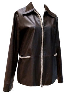 Generic Women german leather dark brown jacket winter with strass strips  - Image 1