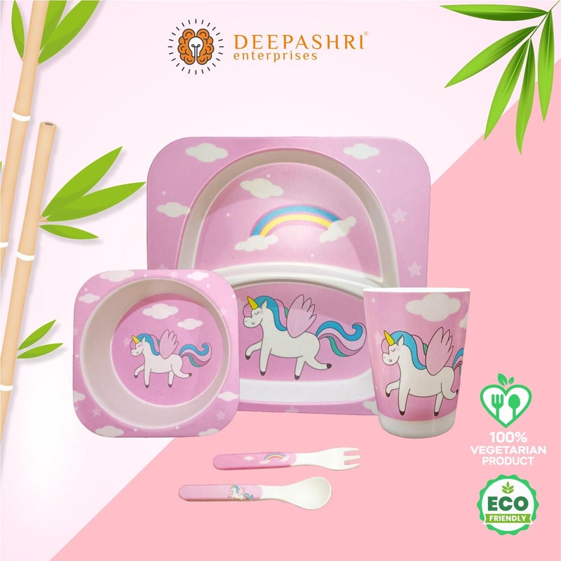 Deepashri™ Bamboo Unicorn Tableware Kids Plate Set with Bowl Cup Fork Spoon Tableware for Baby Dinning Set Bamboo Fiber Dinner Set for Kids Utensil (Set of 5 Pieces) - Image 4