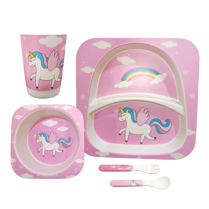 Deepashri™ Bamboo Unicorn Tableware Kids Plate Set with Bowl Cup Fork Spoon Tableware for Baby Dinning Set Bamboo Fiber Dinner Set for Kids Utensil (Set of 5 Pieces) - Image 1