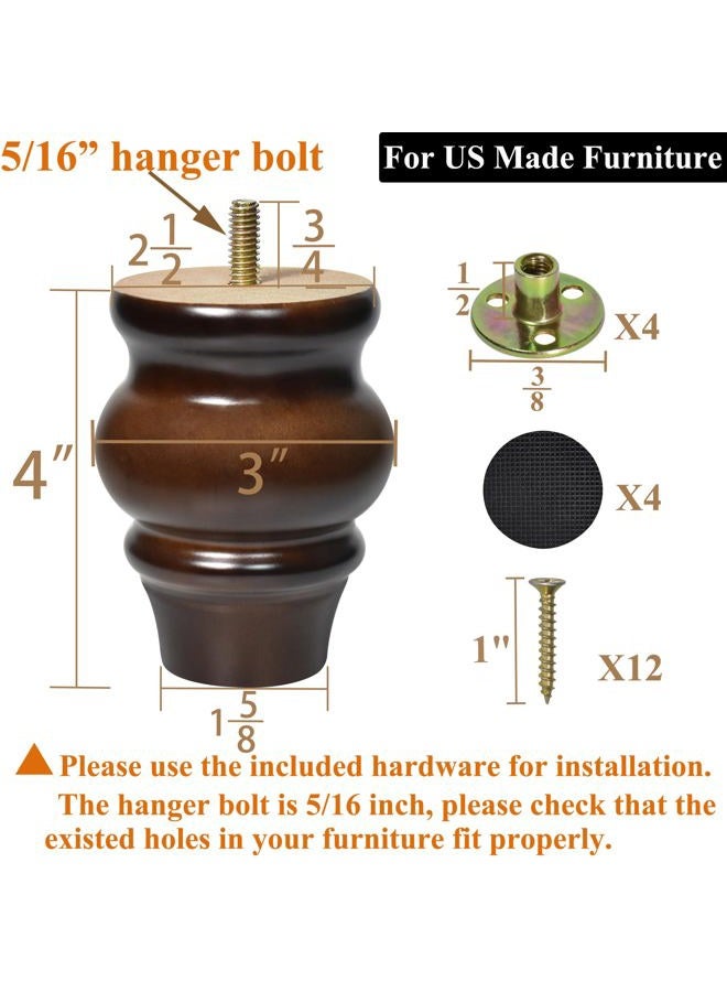 AORYVIC Furniture Legs, Wood Sofa Legs, Turned Couch Legs, Round Furniture Feet for Dresser, Sideboard, Recliner, Coffee Table (Dark Brown, 4 inch) - Image 3