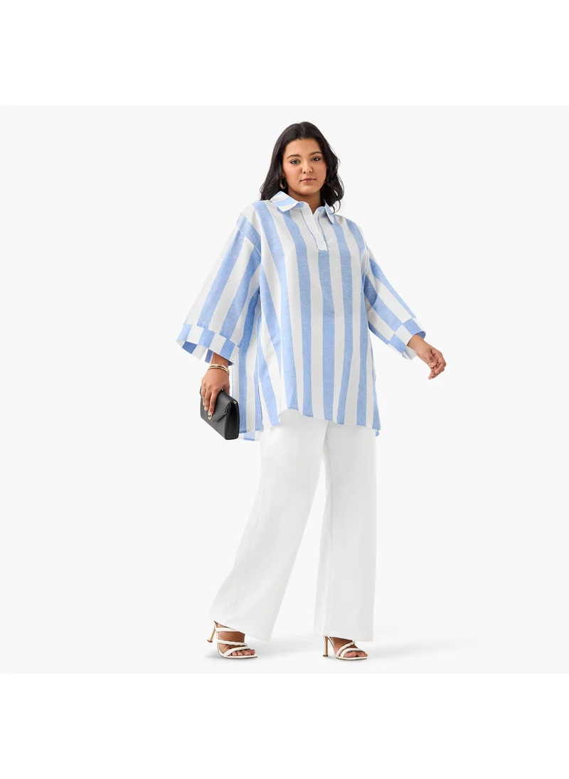 Ulla Popken Plus Size Ulla Popken Striped Linen Top with Collar and Long Sleeves
