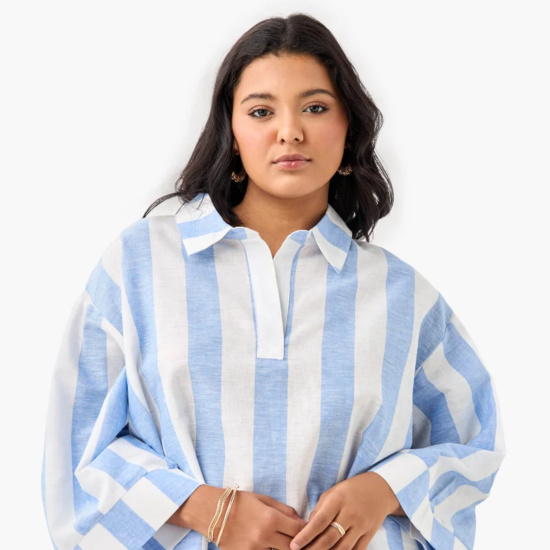 Ulla Popken Plus Size Ulla Popken Striped Linen Top with Collar and Long Sleeves
