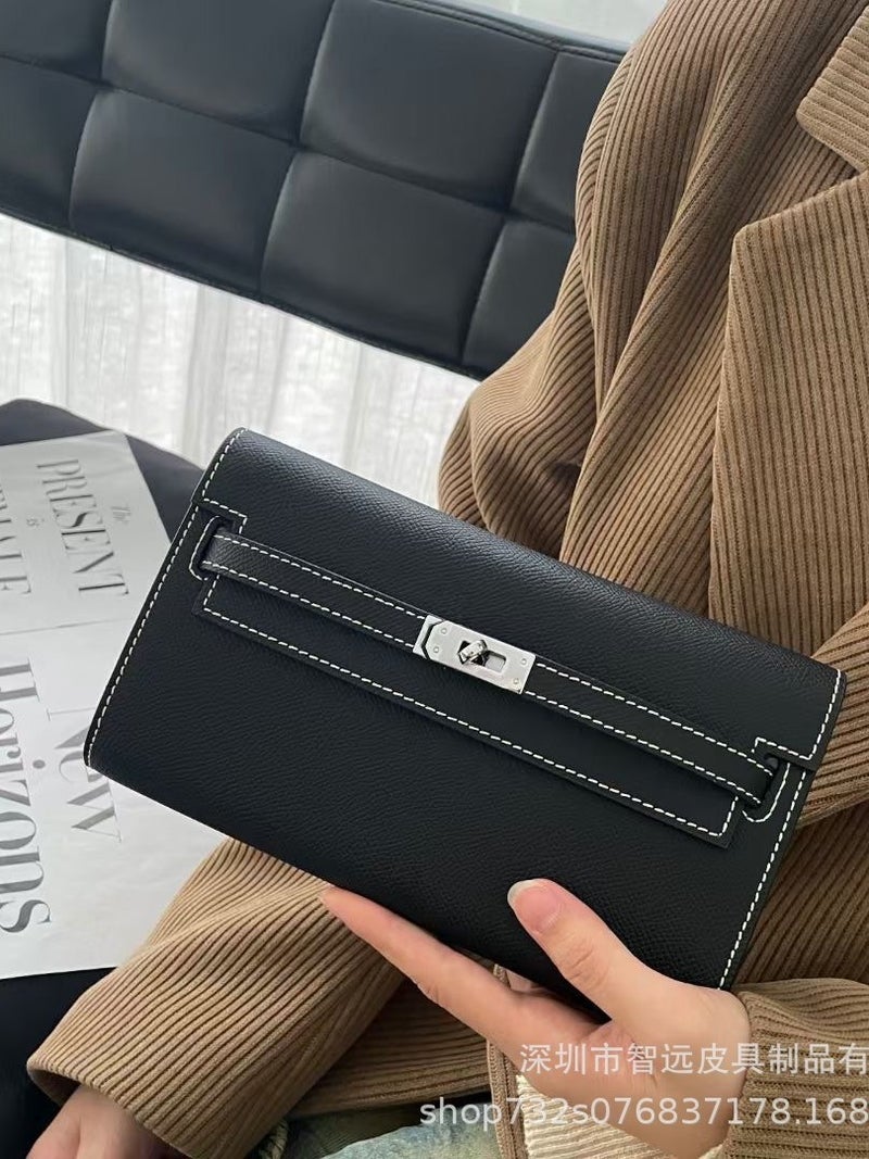 New Style Cowhide Palm Print Kelly Wallet Gold Buckle Mid-Length Clutch Bag Single Shoulder Crossbody Mobile Phone Bag For Women - Image 4