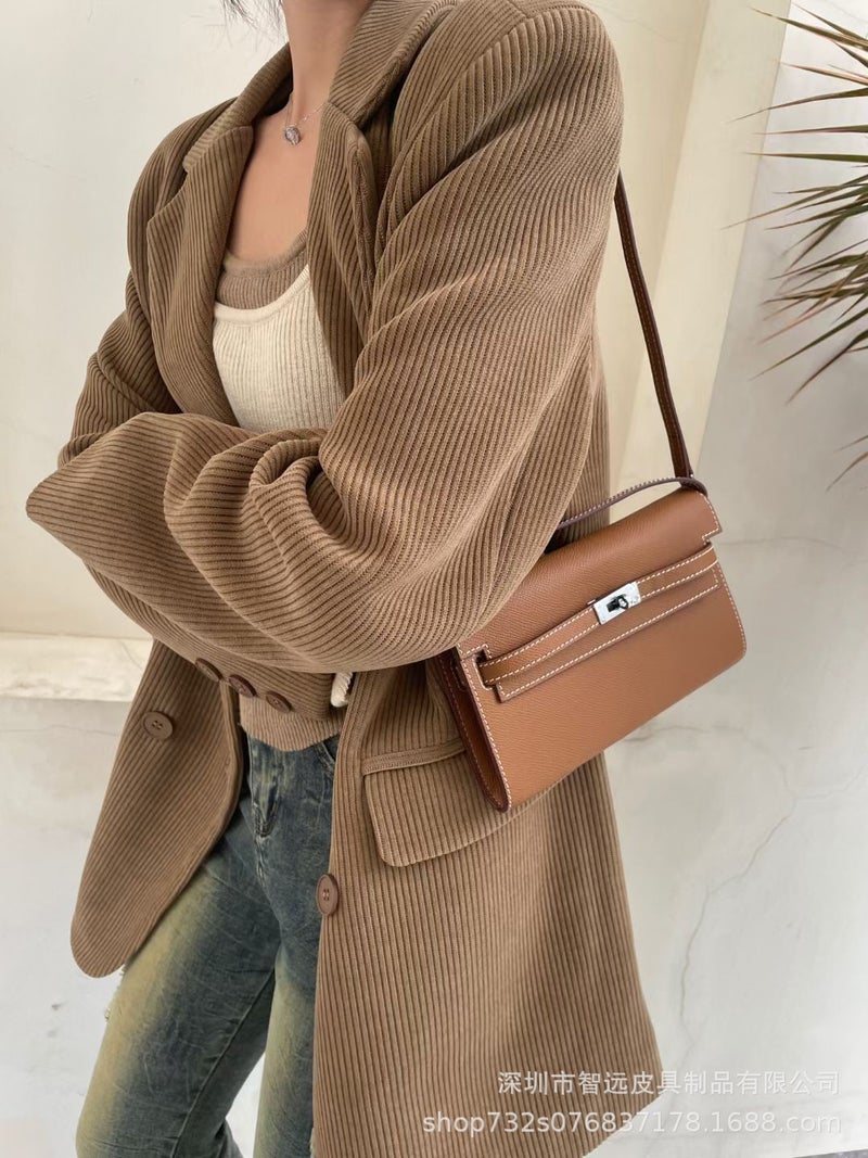 New Style Cowhide Palm Print Kelly Wallet Gold Buckle Mid-Length Clutch Bag Single Shoulder Crossbody Mobile Phone Bag For Women - Image 3