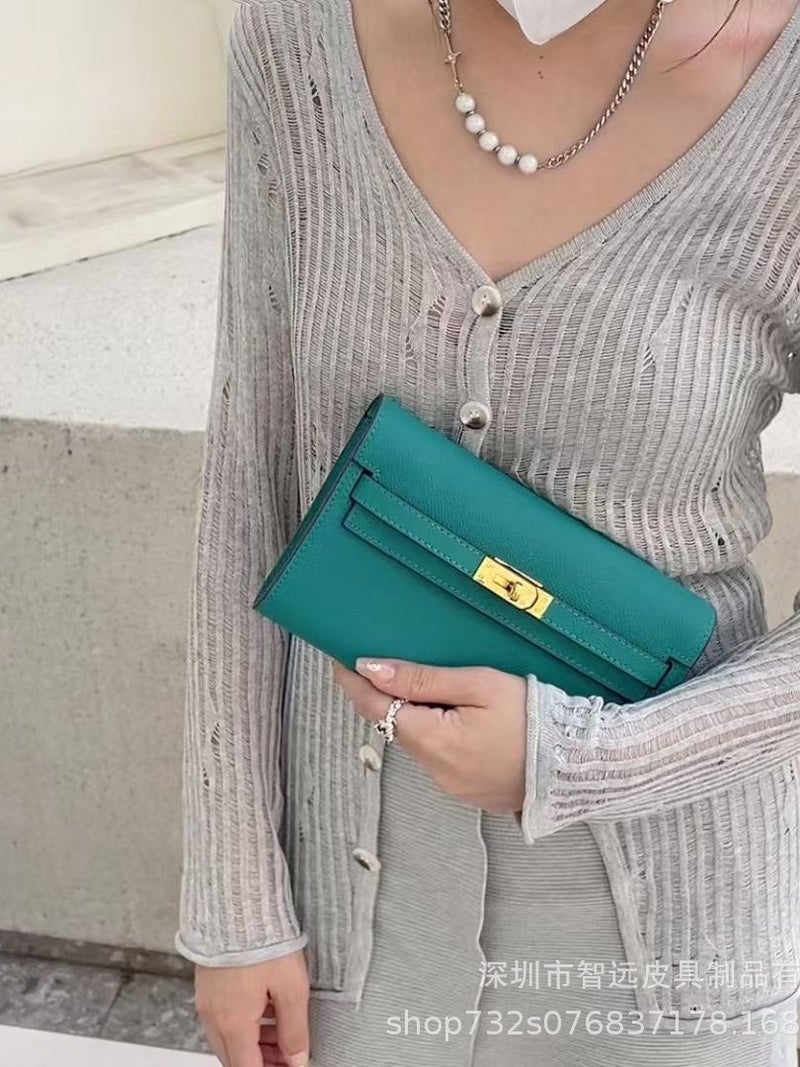 New Style Cowhide Palm Print Kelly Wallet Gold Buckle Mid-Length Clutch Bag Single Shoulder Crossbody Mobile Phone Bag For Women - Image 2