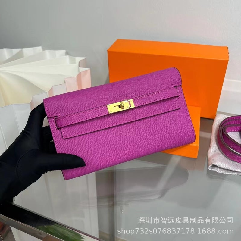 New Style Cowhide Palm Print Kelly Wallet Gold Buckle Mid-Length Clutch Bag Single Shoulder Crossbody Mobile Phone Bag For Women - Image 1