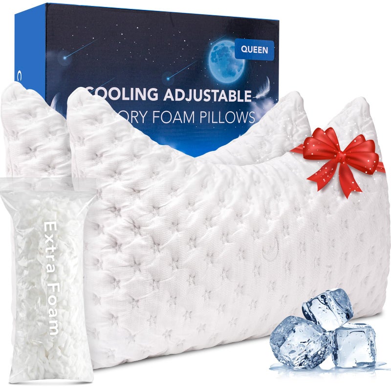 KUCEY Cooling Side Sleeper Pillow for Neck and Shoulder Pain, Luxury Shredded Memory Foam Curved Bed Pillows for Sleeping Set of 2- Adjustable Queen Size- Washable Cover Crescent White - Image 1
