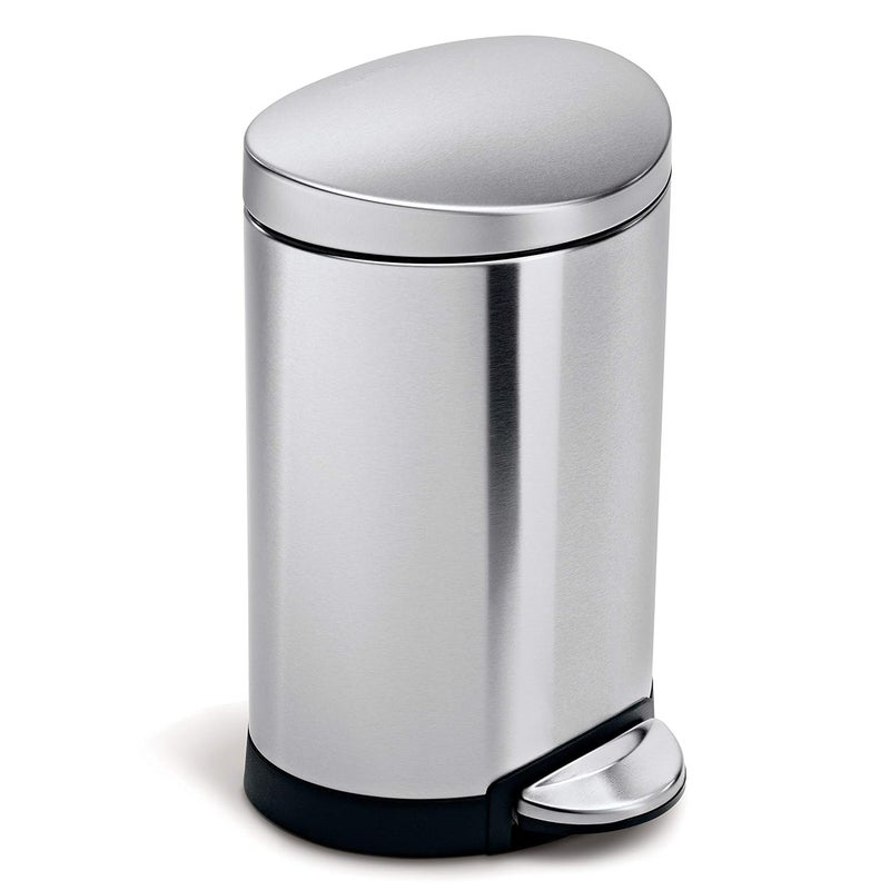 Simple Human 6 Liter / 1.6 Gallon Semi-Round Bathroom Step Trash Can, Brushed Stainless Steel - Image 1