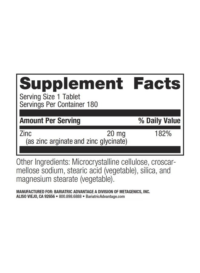 Bariatric Advantage أقراص زنك كيلات غير قابلة للمضغ من بارياتريك أدفانتج، زنك أرجينين وزنك غليسين بتركيز 20 ملغ، عالية الامتصاص لمرضى جراحة السمنة - 180 قرص - Image 2