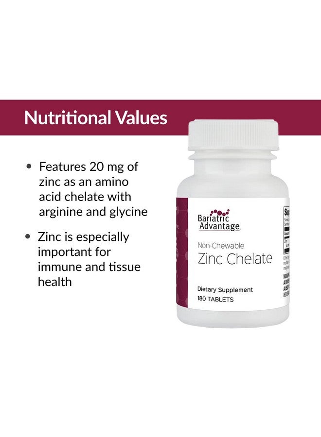 Bariatric Advantage أقراص زنك كيلات غير قابلة للمضغ من بارياتريك أدفانتج، زنك أرجينين وزنك غليسين بتركيز 20 ملغ، عالية الامتصاص لمرضى جراحة السمنة - 180 قرص - Image 5