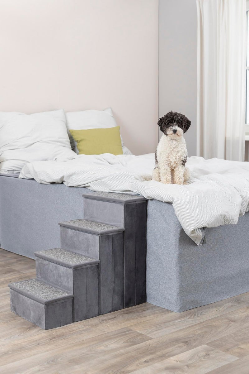 Trixie Velour Dog Stairs with Tread Steps - 4 Step Pet Stairs for Beds and Couches - Foldable with Additional Storage Space - Gray - Image 3
