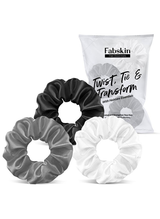 Fabskin Luxury Satin Scrunchies For Women And Girls Stylish & Cute Hair Accessories Ties Scrunchies Ponytail Holders Pack Of 3 (Black White & Grey)  - Image 1