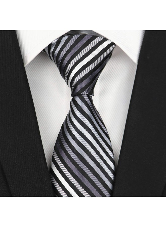 Men's Classic Striped Microfiber Necktie - Black, Grey & Silver - 146cm x 8cm - Image 2