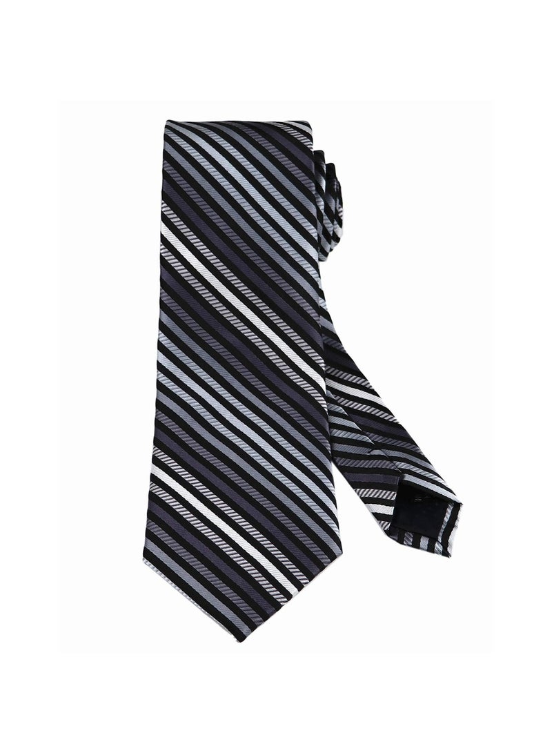 Men's Classic Striped Microfiber Necktie - Black, Grey & Silver - 146cm x 8cm - Image 3