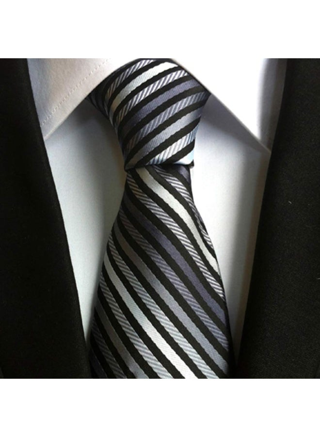 Men's Classic Striped Microfiber Necktie - Black, Grey & Silver - 146cm x 8cm - Image 4