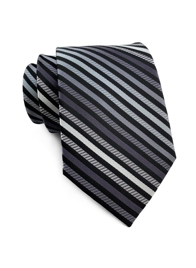 Men's Classic Striped Microfiber Necktie - Black, Grey & Silver - 146cm x 8cm - Image 1