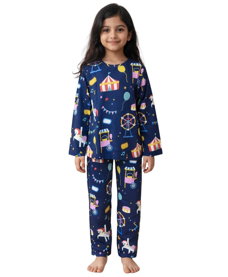 ANTHRILO Pure Cotton Printed Pyjama Set for Girls | Regular Wear | Carnival Circus Long Sleeves Pyjama Set - Blue 6-7 Years - Image 1