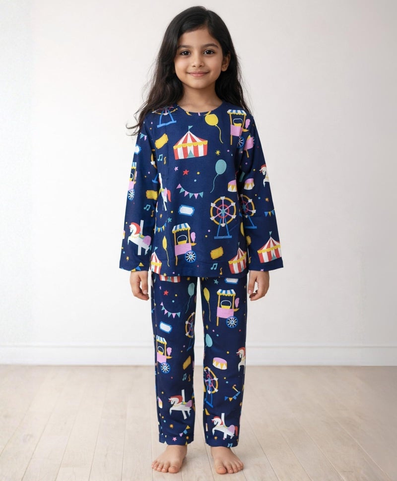ANTHRILO Pure Cotton Printed Pyjama Set for Girls | Regular Wear | Carnival Circus Long Sleeves Pyjama Set - Blue 6-7 Years - Image 2