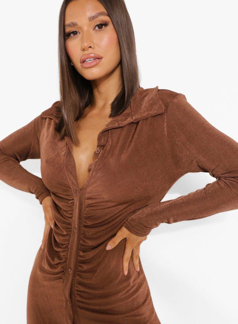 boohoo Ruched Button Down Ribbed Dress - Image 3