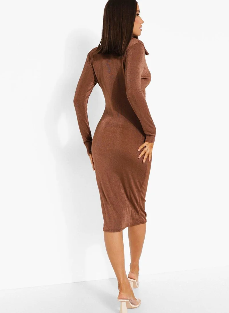 boohoo Ruched Button Down Ribbed Dress