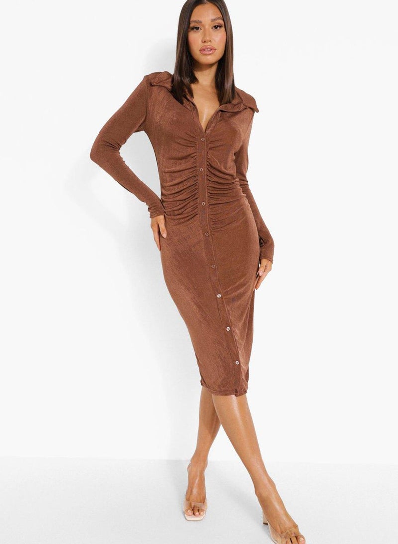 boohoo Ruched Button Down Ribbed Dress - Image 1