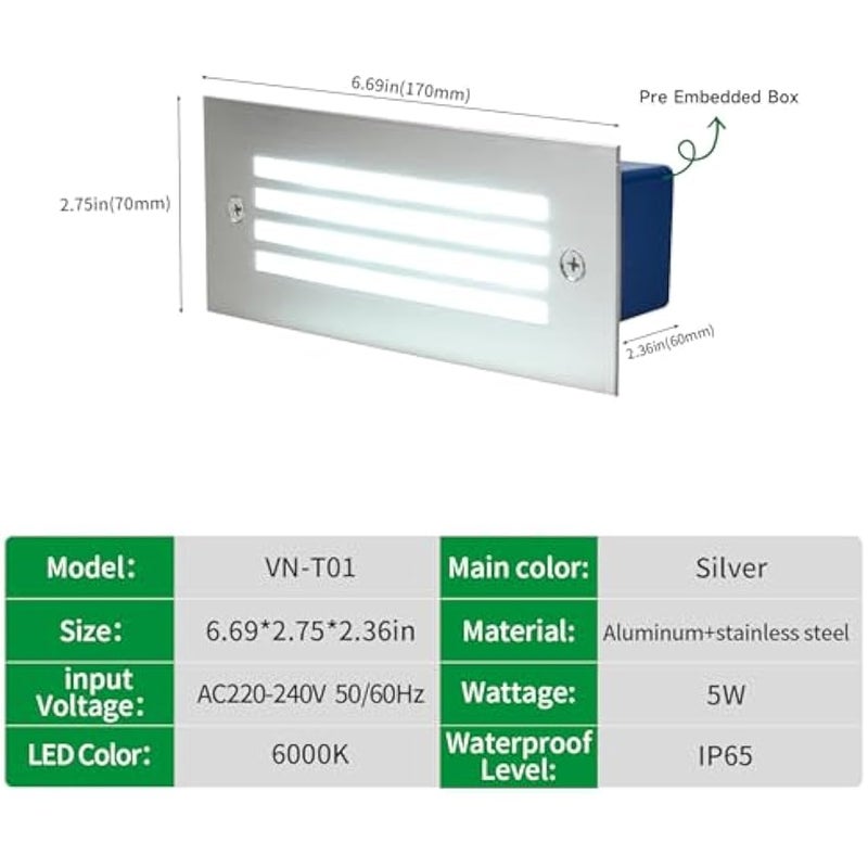 V.nice LED Step Light IP65 Waterproof – 5W Outdoor Recessed Wall Lamp with 3000K/6000K Options, Modern Aluminum Pathway Light for Stairs, Deck, Garden, 220-240V (2 Styles Available) - Image 2