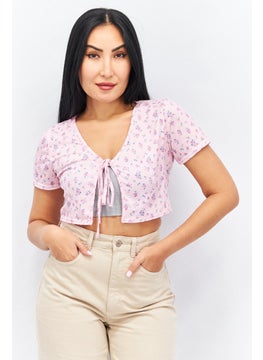 Missguided Women Tie Neck Short Sleeve Allover Printed Blouse, Pink Combo  - Image 1