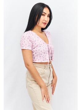 Missguided Women Tie Neck Short Sleeve Allover Printed Blouse, Pink Combo  - Image 3