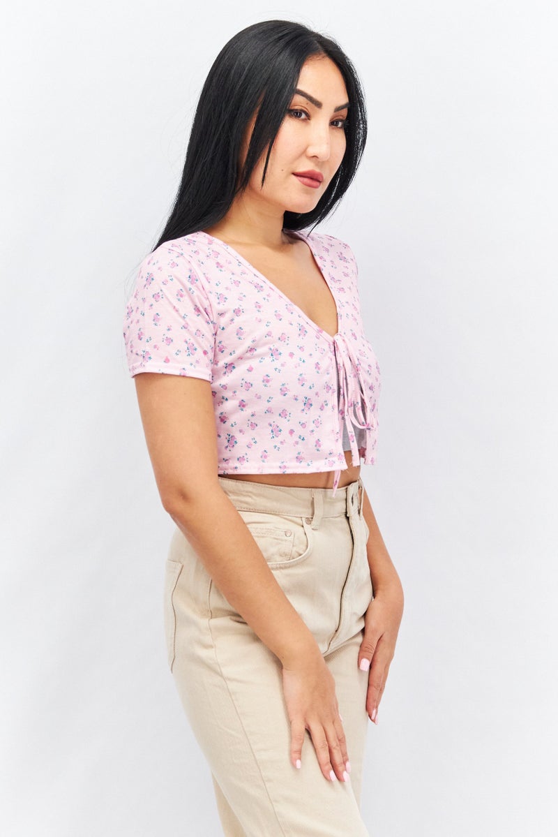 Missguided Women Tie Neck Short Sleeve Allover Printed Blouse, Multicolor - Image 3