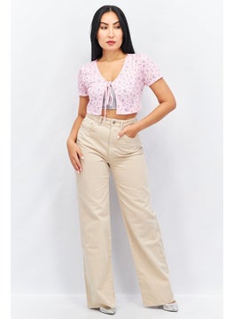 Missguided Women Tie Neck Short Sleeve Allover Printed Blouse, Pink Combo  - Image 2