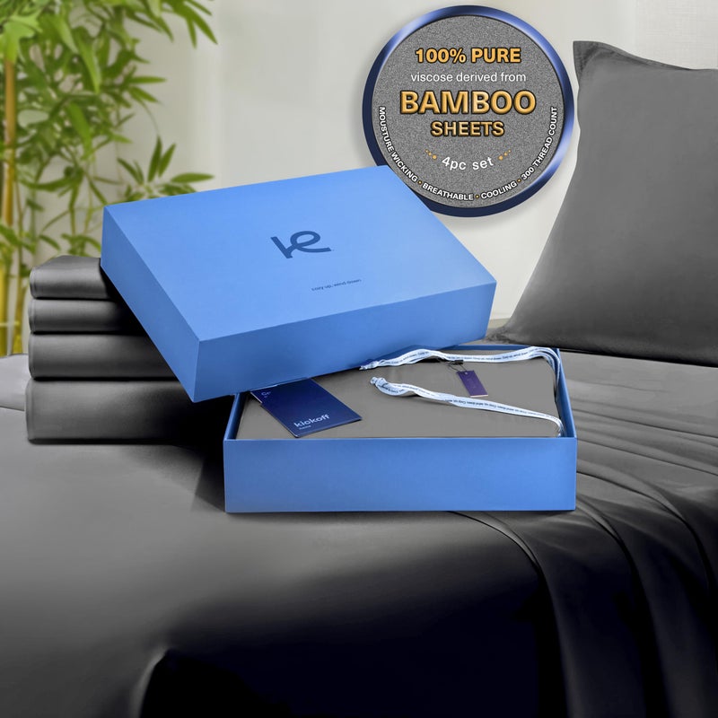 Kickoff Home Kickoff Viscose Bamboo Sheets King Size 4-pc 100% Organic Bamboo Viscose Bed Cooling Sheets King Size Set Cool Bedding for hot Sleepers Sheet, Flat, Fitted, Pillowcases (Pewter,K) - Image 1